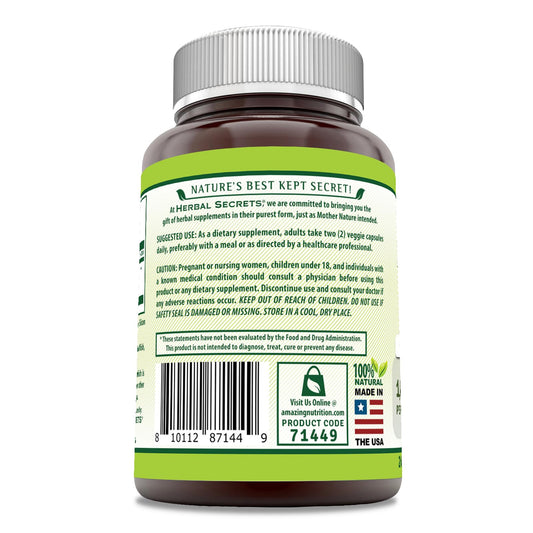 Herbal Secrets Holy Basil capsules closeup shows veggie capsules for easy swallowing