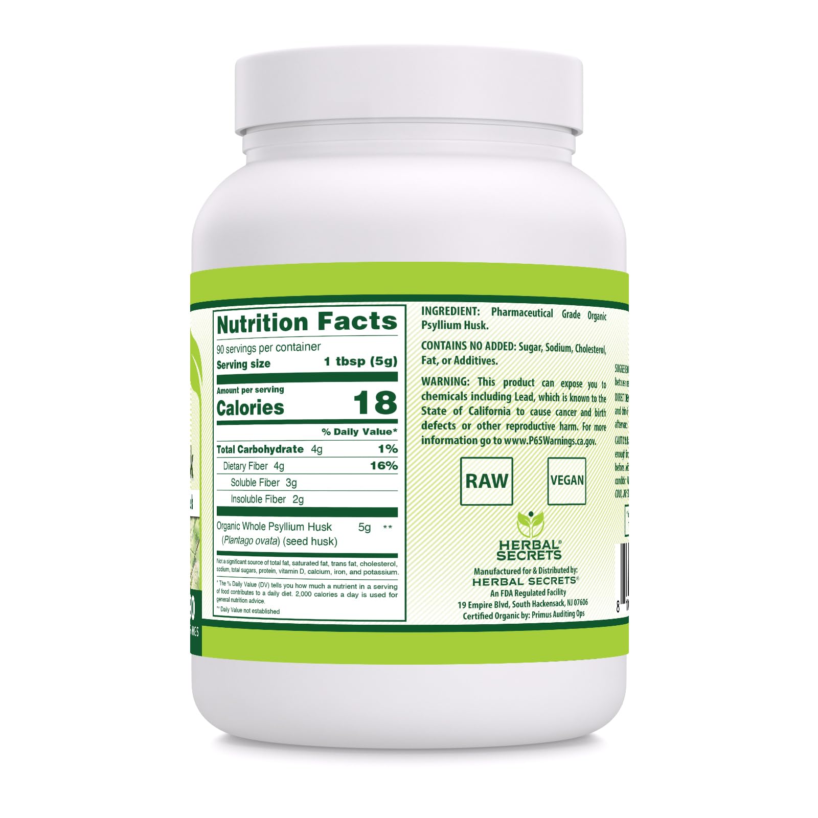 Herbal Secrets psyllium husk powder with scoop showing 5 g serving.