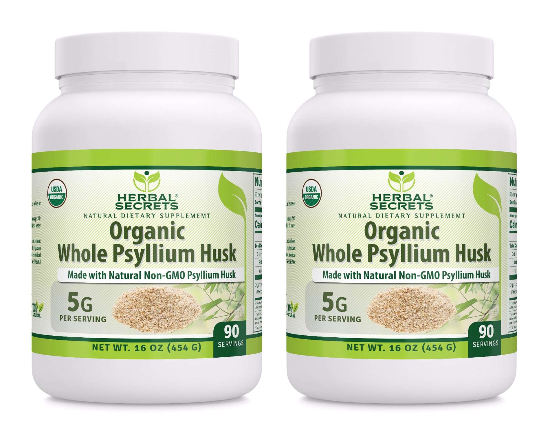 Herbal Secrets psyllium husk powder bottle for daily fiber support.