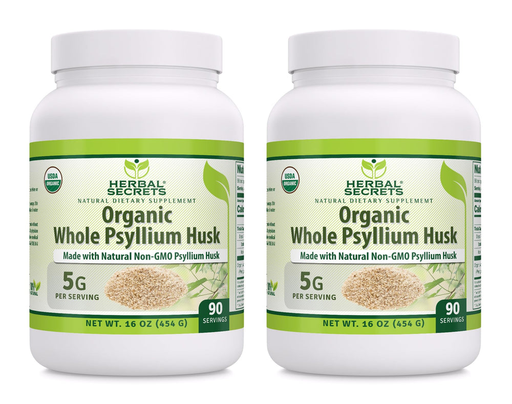 Herbal Secrets psyllium husk powder bottle for daily fiber support.