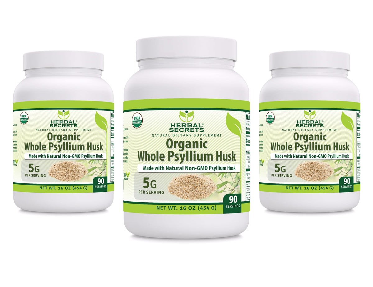 Herbal Secrets Whole Psyllium Husk powder supplement for fiber support and gluten-free lifestyle