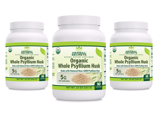 Herbal Secrets Whole Psyllium Husk powder supplement for fiber support and gluten-free lifestyle
