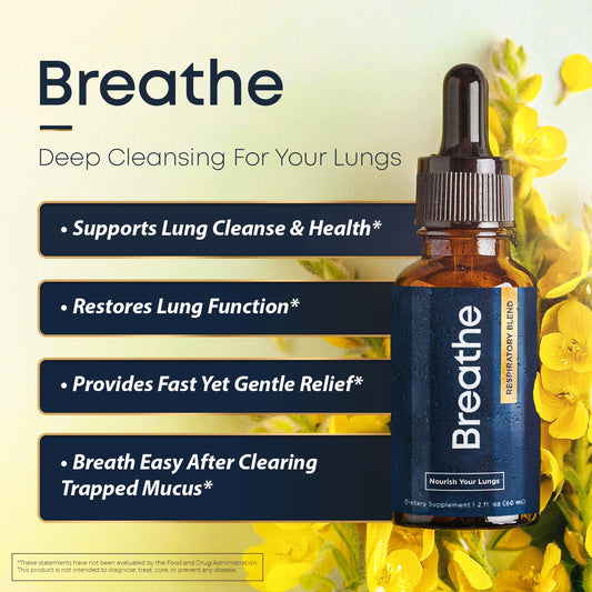 BREATHE dropper close-up showing peppermint, thyme, mullein blend.