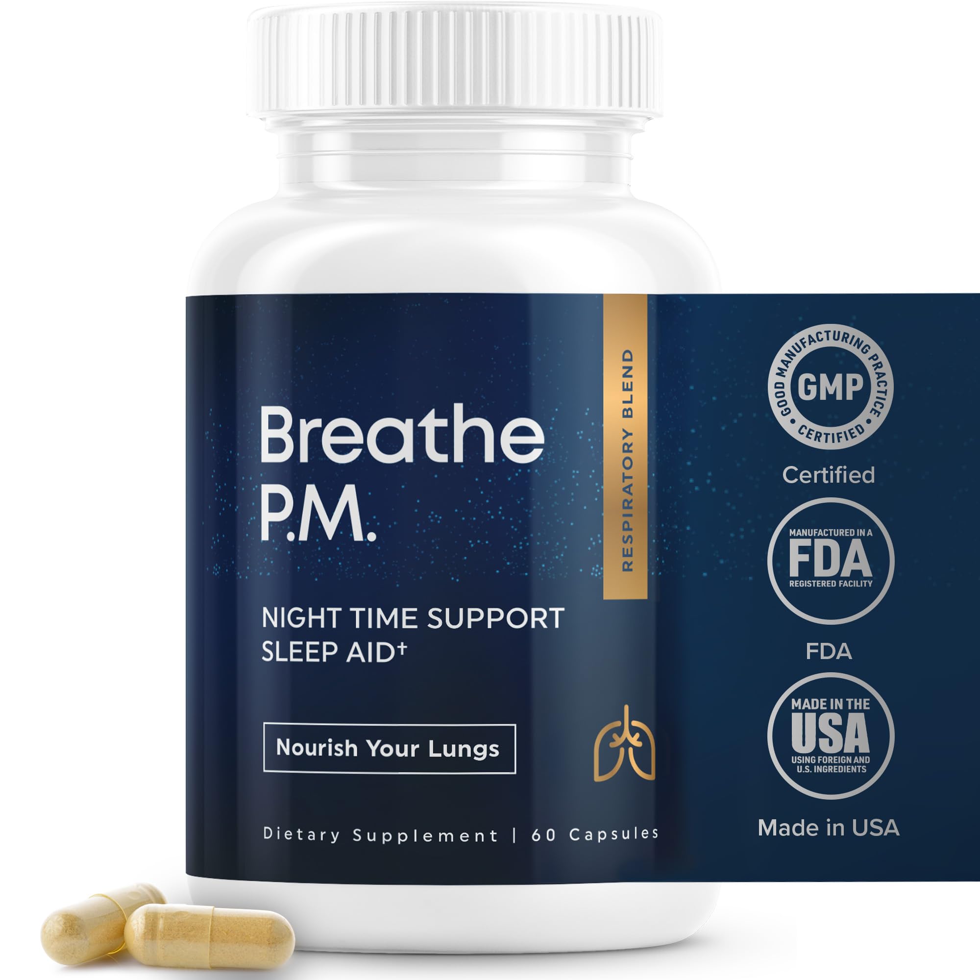Herbal Tea Therapy BREATHE PM bottle front with capsules for nighttime detox