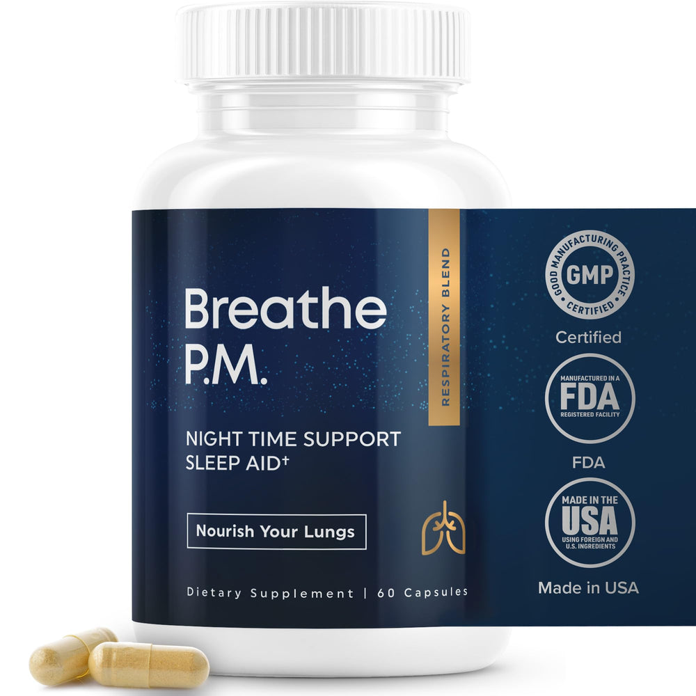 Herbal Tea Therapy BREATHE PM bottle front with capsules for nighttime detox