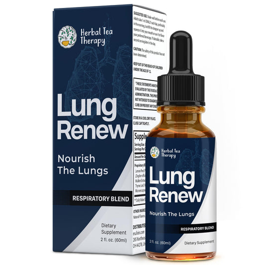 Herbal Tea Therapy Lung Renew bottle pour for convenient daily lung support.