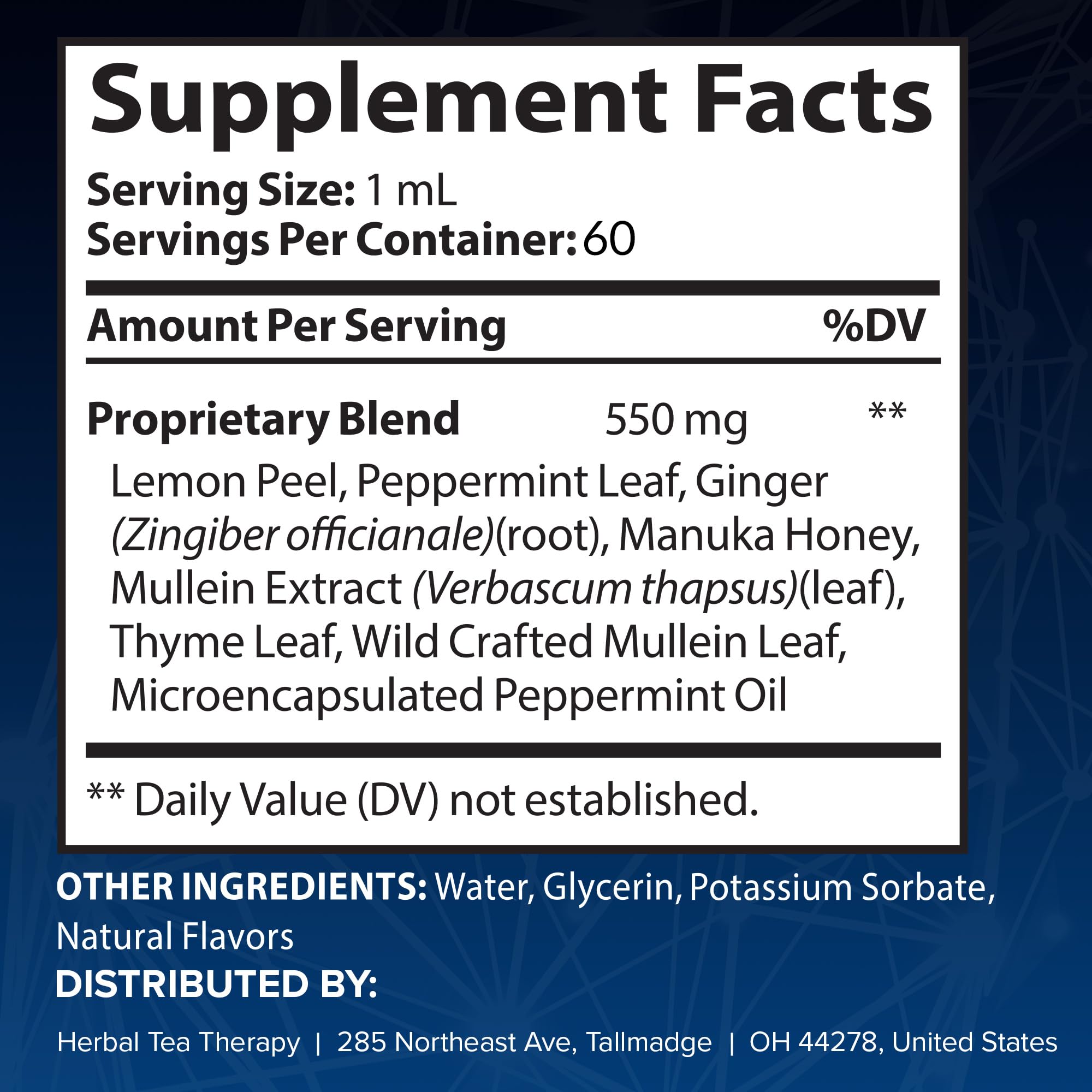 Herbal Tea Therapy Lung Renew label closeup highlights peppermint, thyme, and mullein blend.