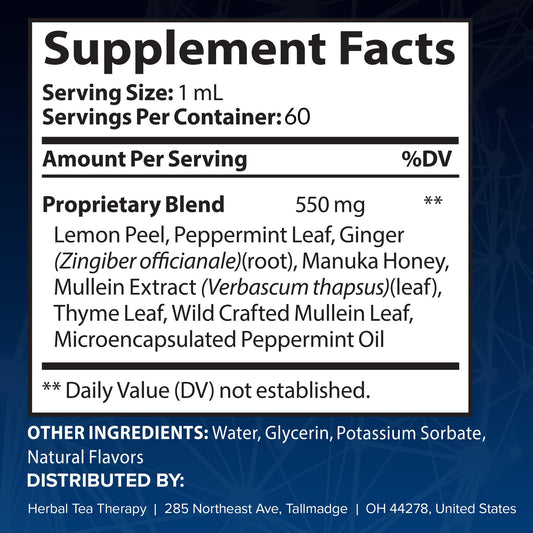 Herbal Tea Therapy Lung Renew label closeup highlights peppermint, thyme, and mullein blend.