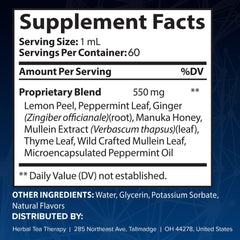 Herbal Tea Therapy Lung Renew label closeup highlights peppermint, thyme, and mullein blend.
