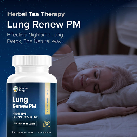 Lung Renew PM bottle pour indicating easy nightly dosage by Herbal Tea Therapy