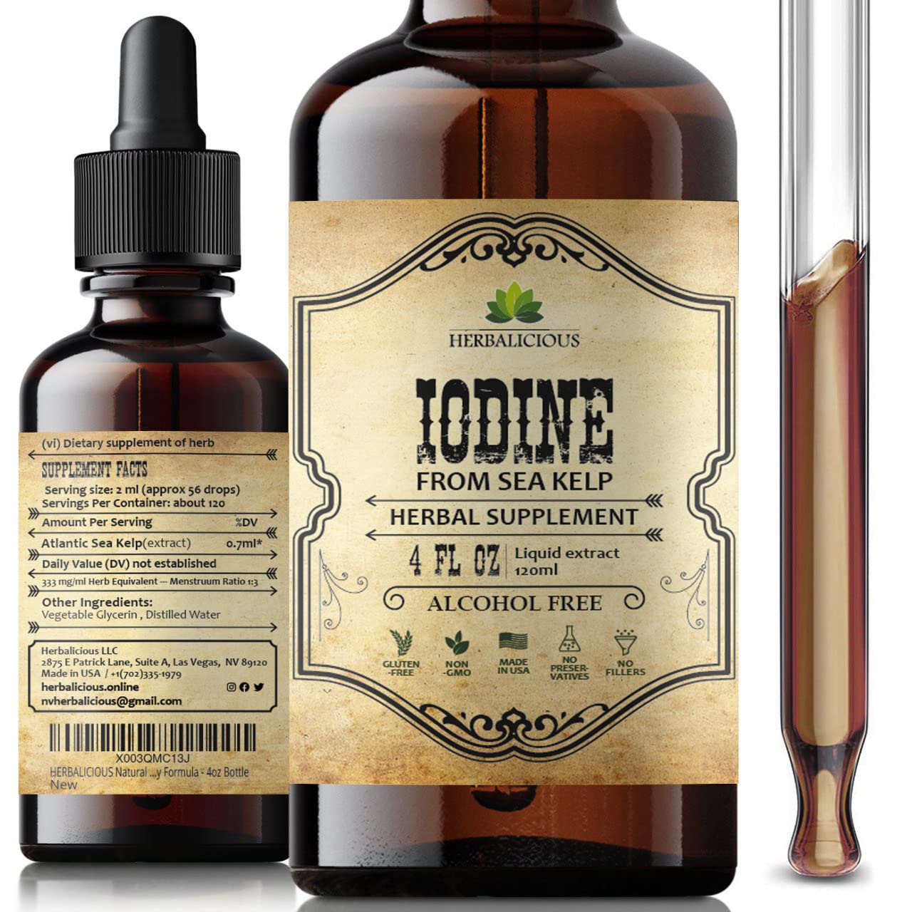 HERBALICIOUS Iodine Drops bottle displays natural kelp-based formula for daily energy support.