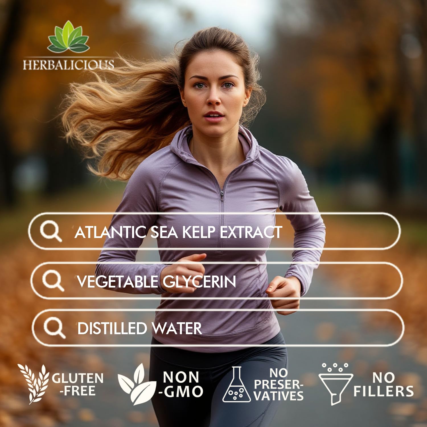 Lifestyle shot of using HERBALICIOUS Iodine Drops for an energizing morning.