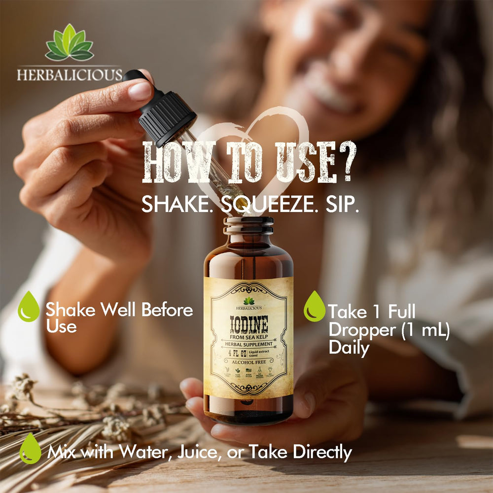Label highlights sea kelp source in HERBALICIOUS Iodine Drops.