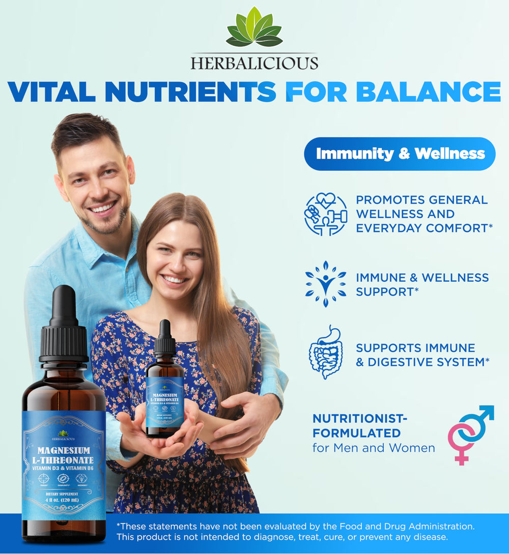 HERBALICIOUS Magnesium Complex Liquid bottle closeup highlights clean label and premium ingredients.