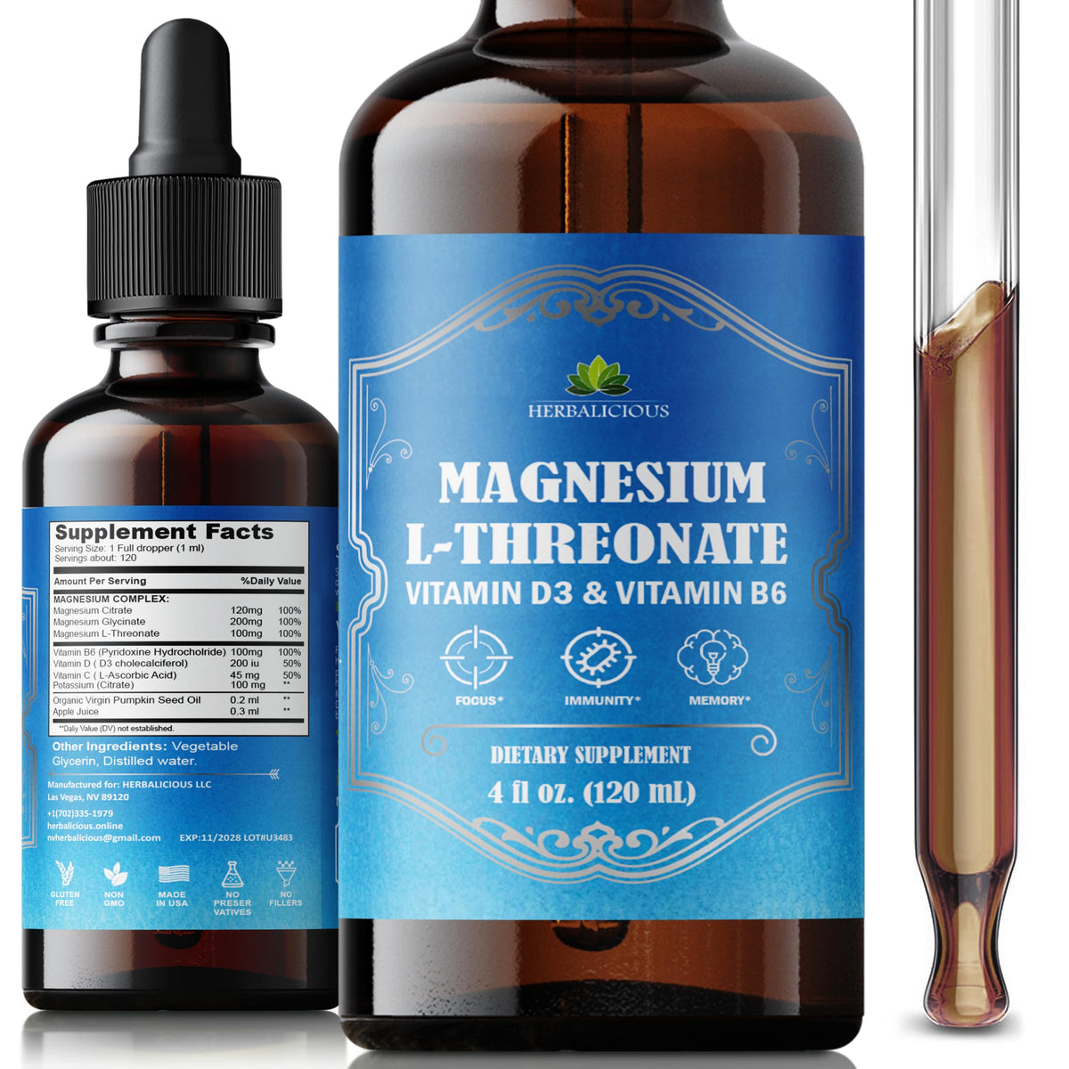 HERBALICIOUS Magnesium Complex Liquid bottle on kitchen counter supports daily wellness.