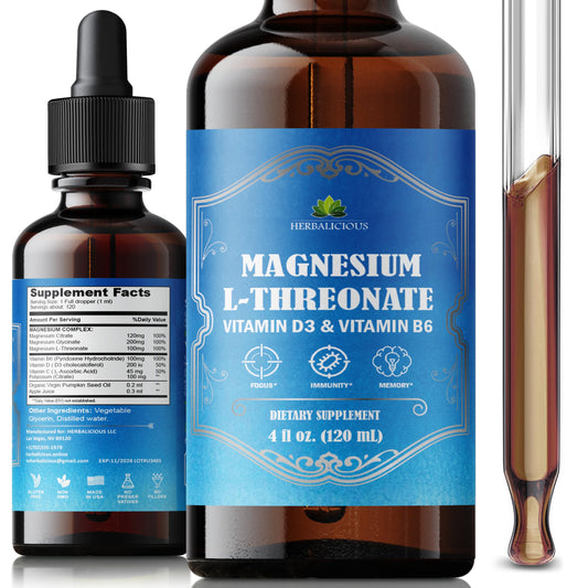 HERBALICIOUS Magnesium Complex Liquid bottle on kitchen counter supports daily wellness.