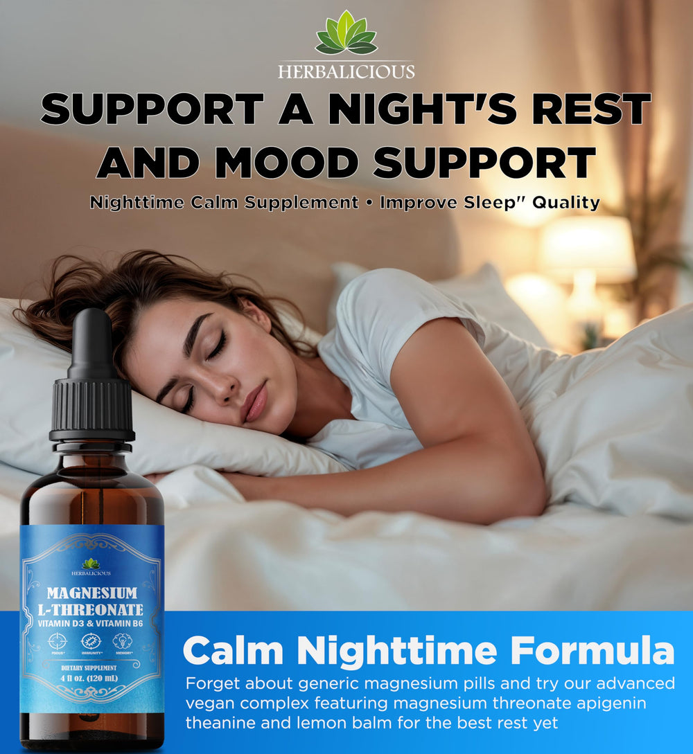 HERBALICIOUS Magnesium Complex Liquid vitamin d3 b6 bottle showcases added nutrients.