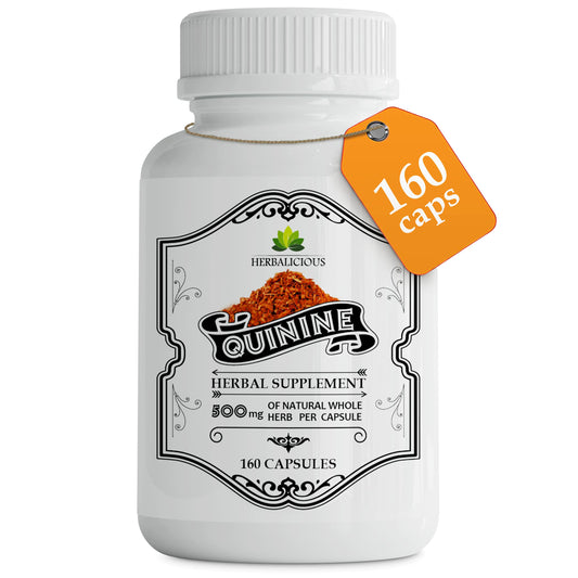 HERBALICIOUS quinine capsules bottle—500 mg formula for leg comfort and digestive balance.