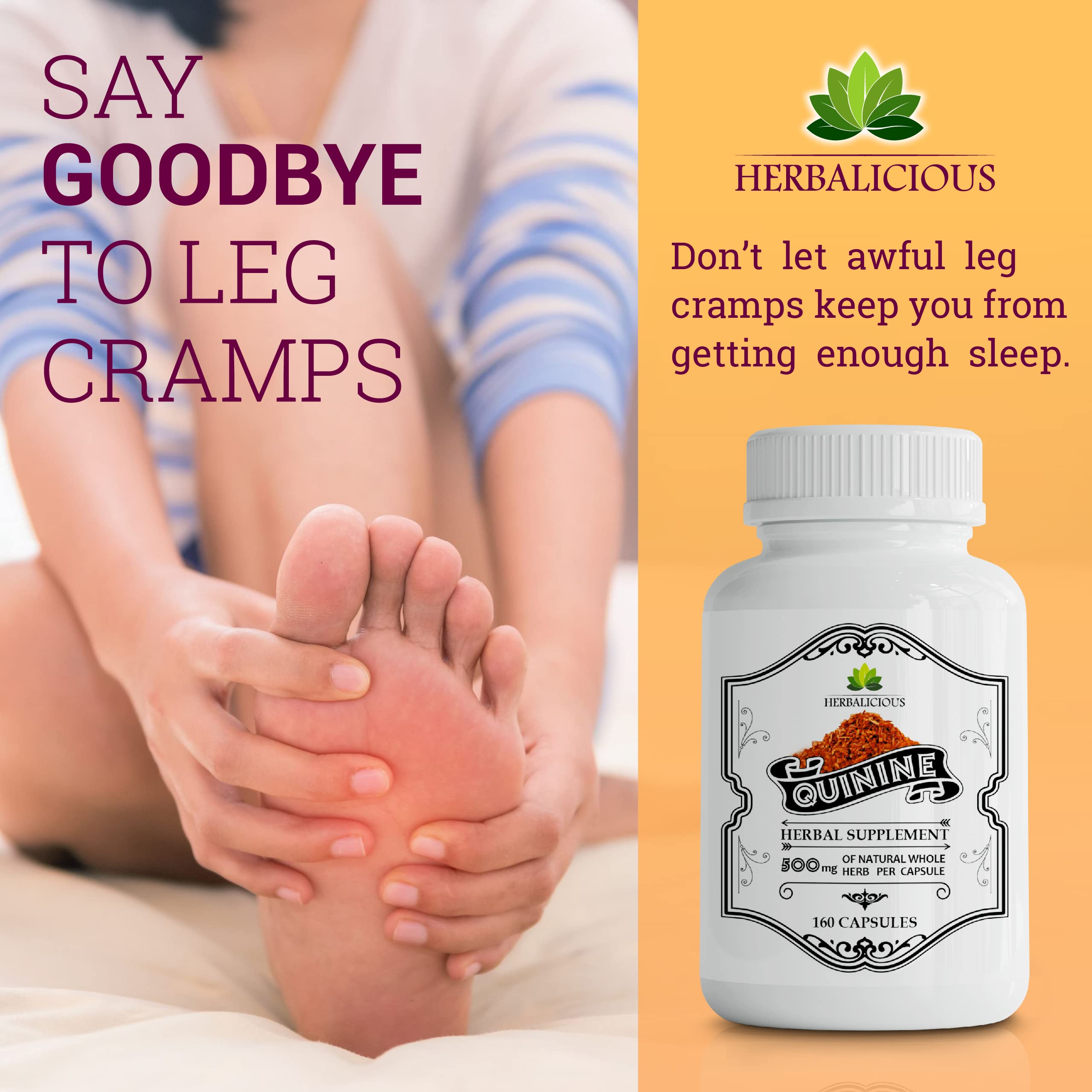 HERBALICIOUS quinine capsules close-up—natural cinchona bark for cramp defense.
