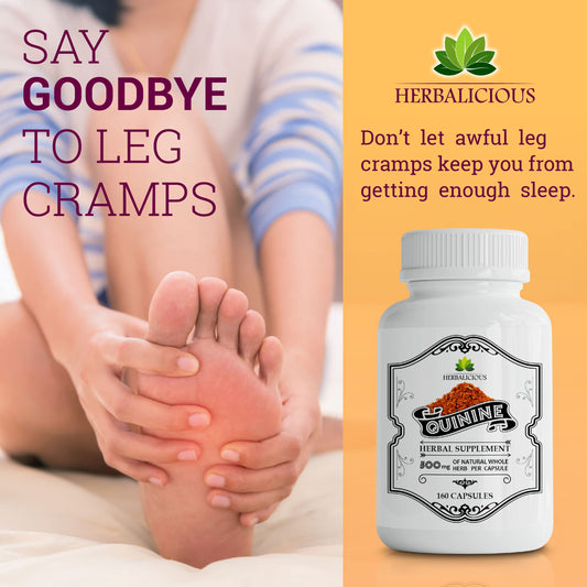 HERBALICIOUS quinine capsules close-up—natural cinchona bark for cramp defense.