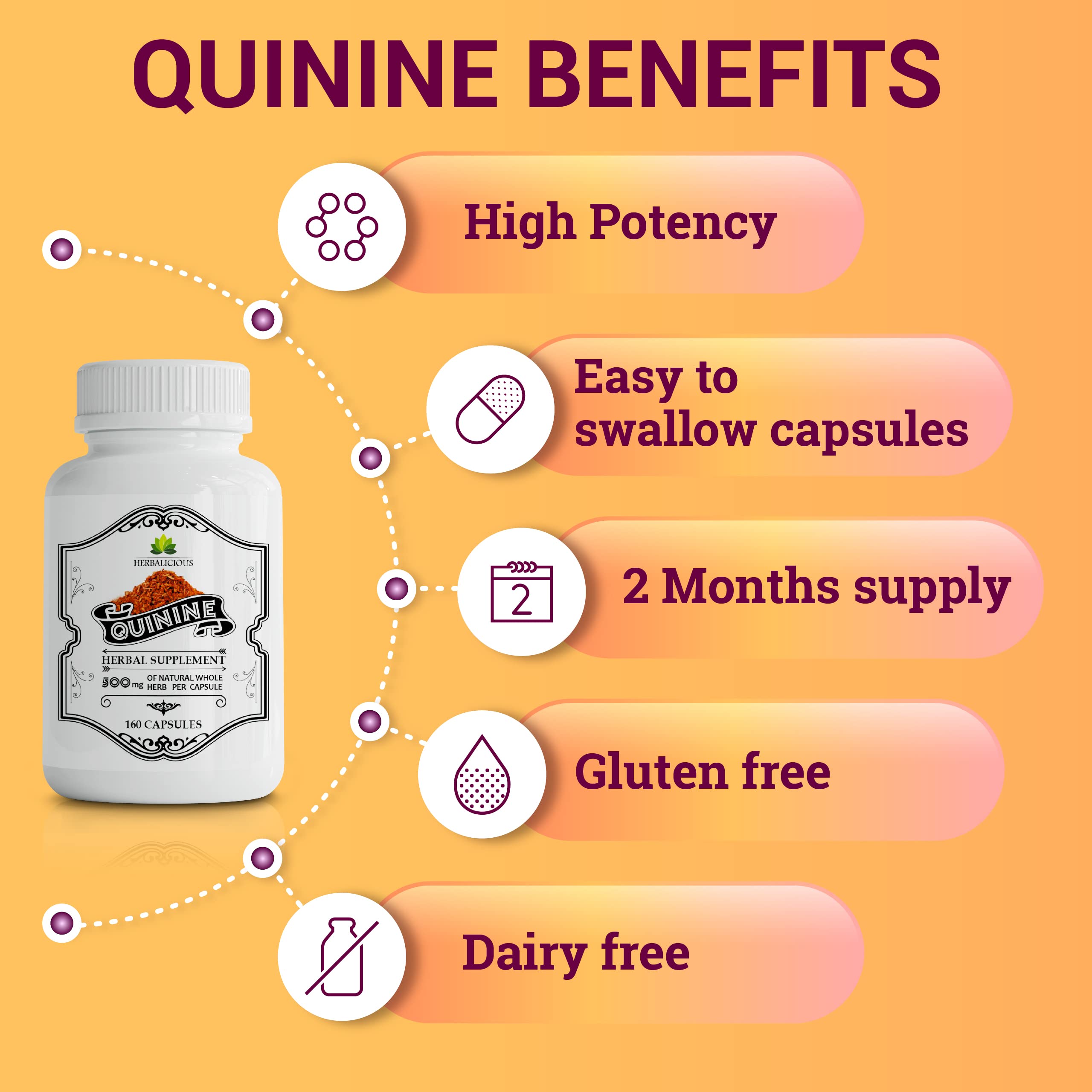 HERBALICIOUS quinine capsules packaging and bottle design—natural, gluten-free formula.