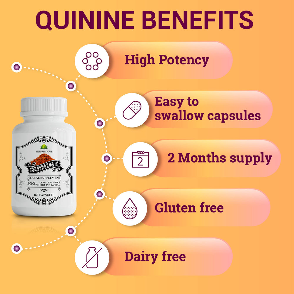 HERBALICIOUS quinine capsules packaging and bottle design—natural, gluten-free formula.