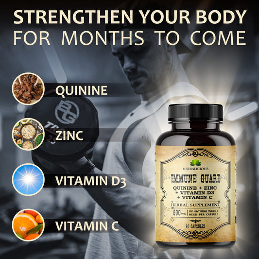 Close-up of HERBALICIOUS Quinine Immune Guard capsules for daily wellness