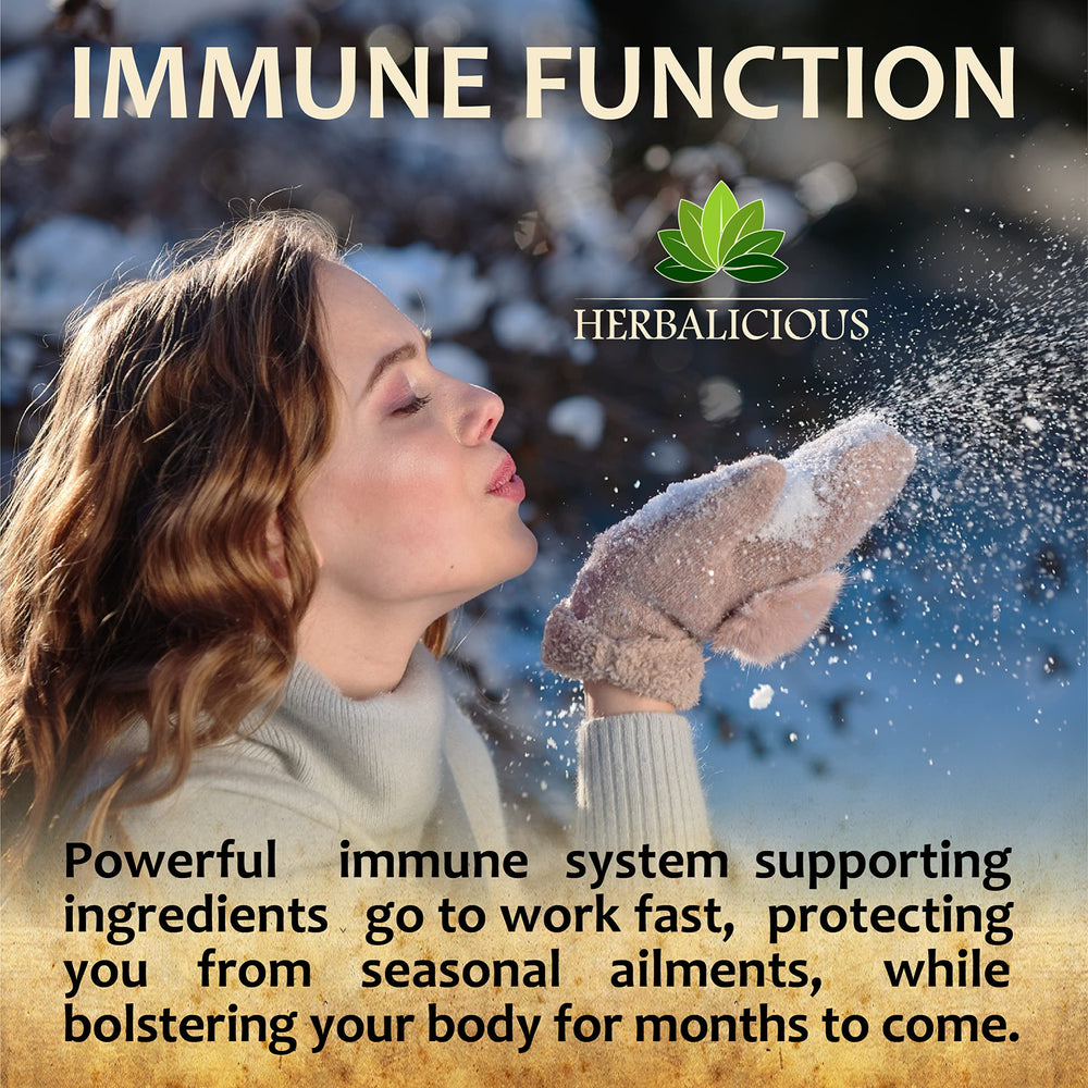 Front label of HERBALICIOUS Quinine Immune Guard highlighting vitamins