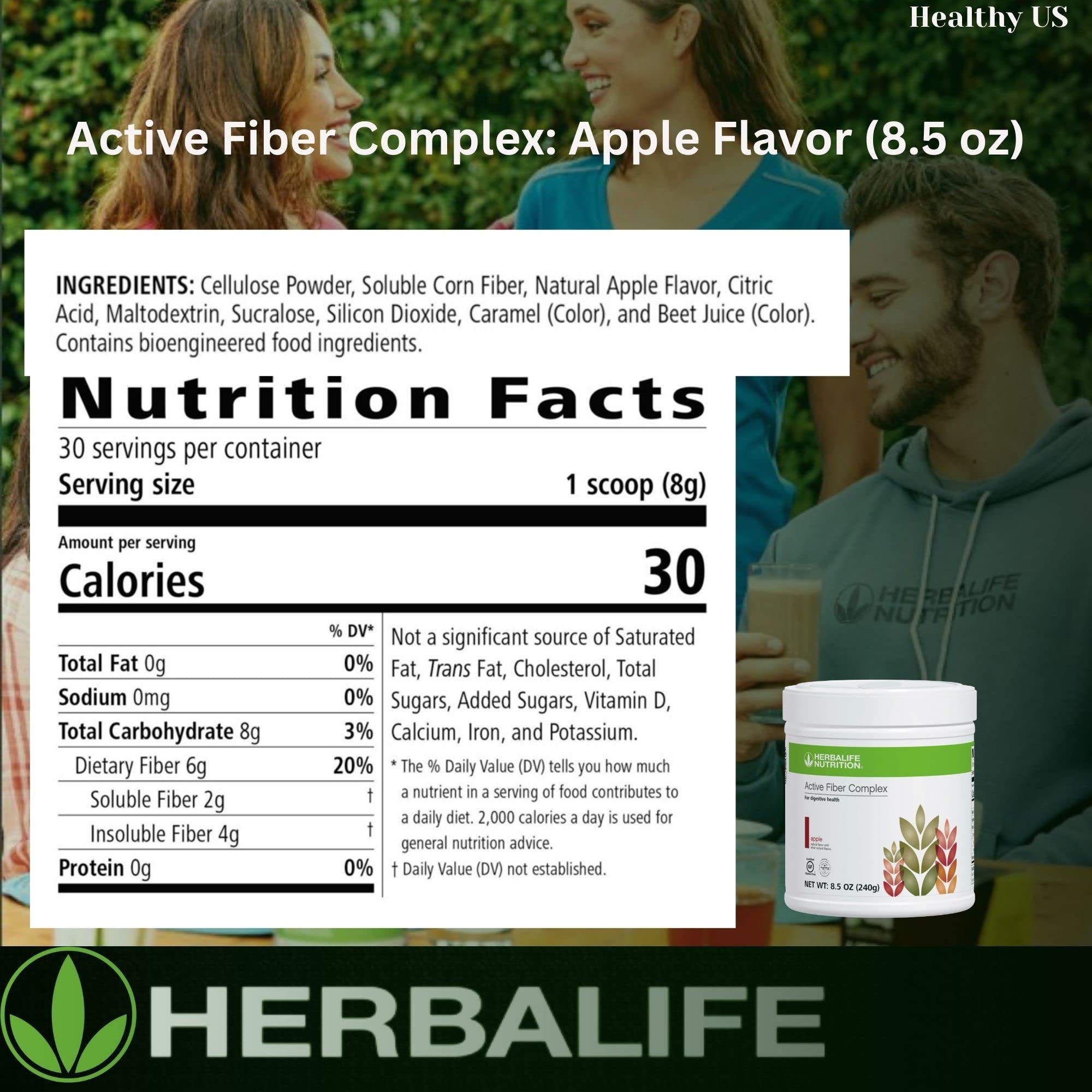 Herbalife Active Fiber Complex Apple Flavor powder being poured into a glass