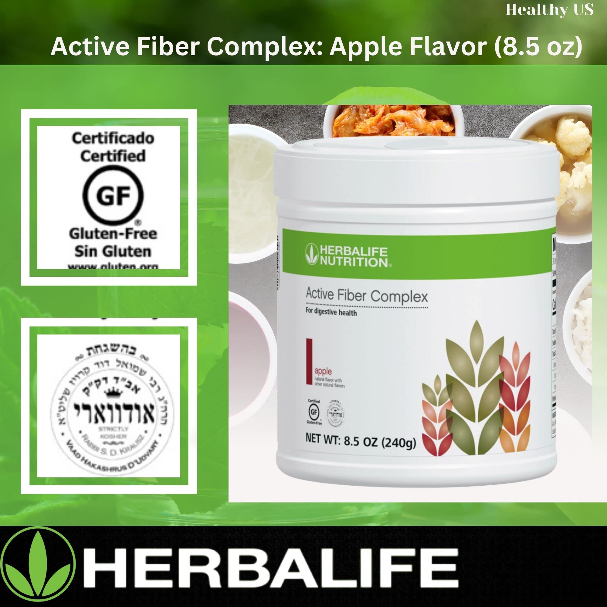 Herbalife Active Fiber Complex Apple Flavor powder dissolving in water with a clear glass