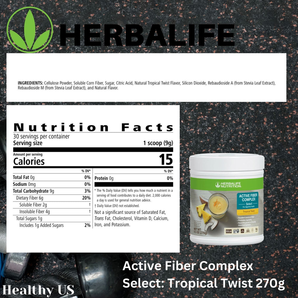 Herbalife Active Fiber Complex Select Tropical Twist label emphasizes gluten-free and vegetarian ingredients