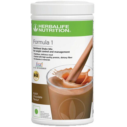 Herbalife Formula 1 Dutch Chocolate canister on shelf for quick meal options.