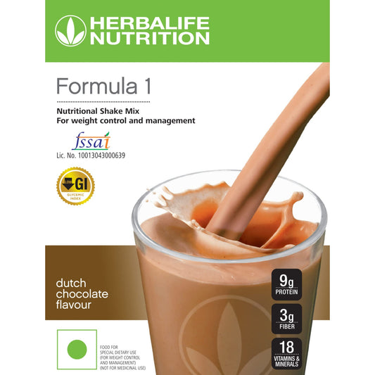 Herbalife Formula 1 Dutch Chocolate shake poured into glass for a quick breakfast.
