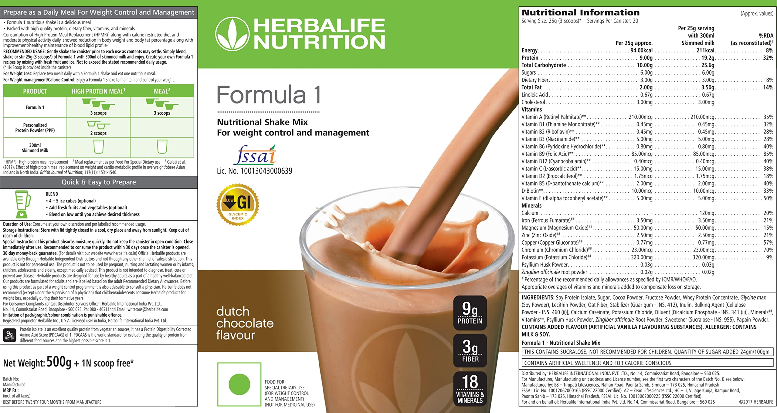 Herbalife Formula 1 Dutch Chocolate shake served with spoon and water glass.