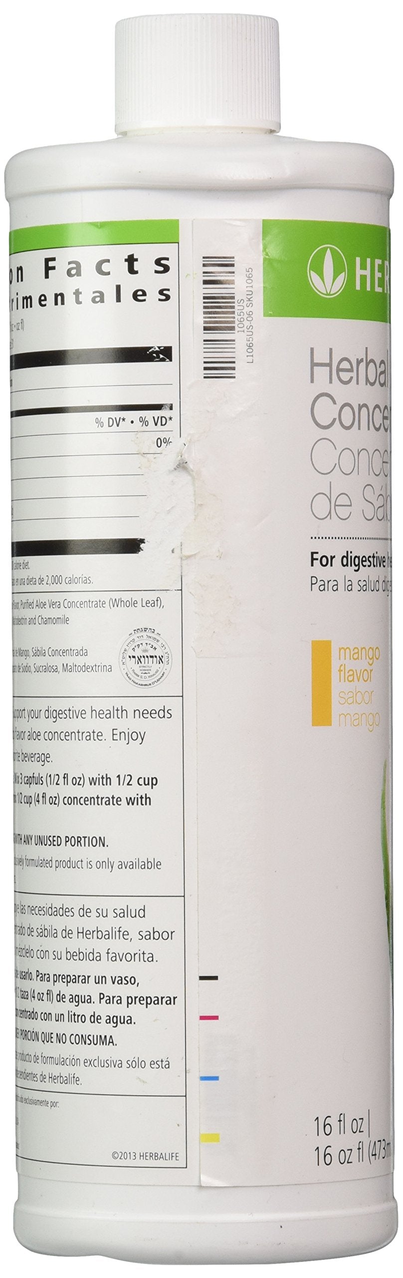Ingredients panel of Herbal Aloe Drink Mango concentrate highlighted for review.