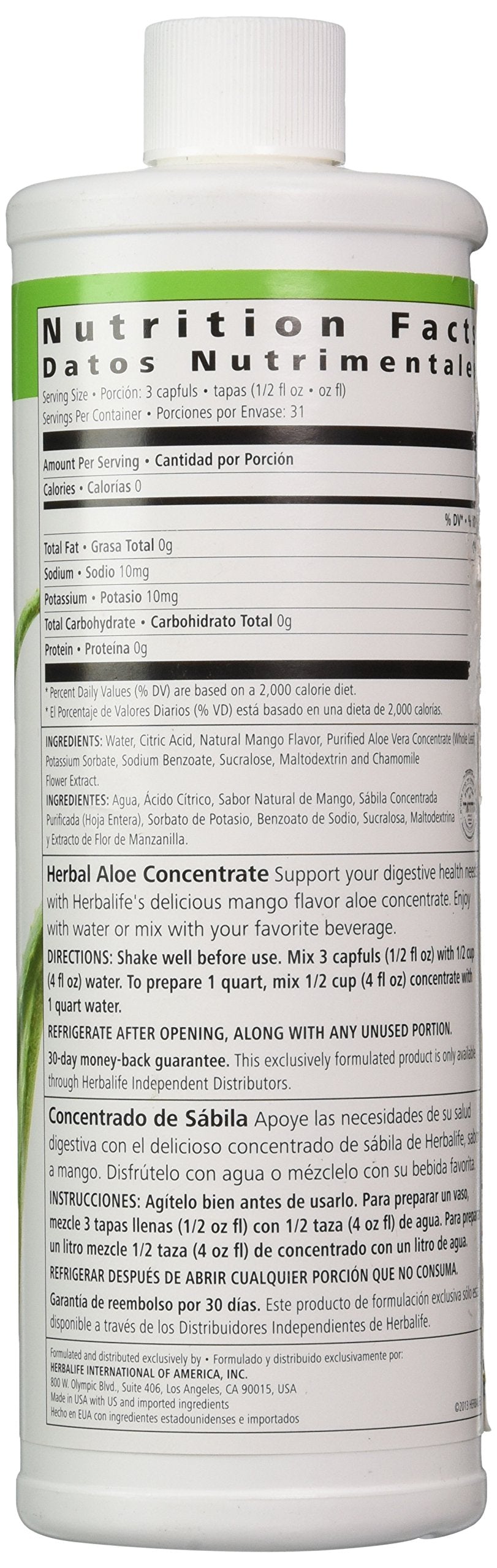 Close-up of the Herbal Aloe Drink Mango concentrate label on the bottle.
