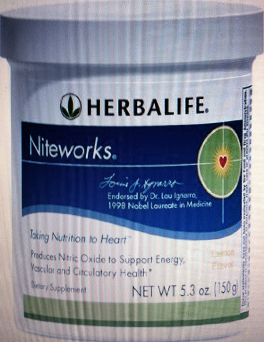 Herbalife Niteworks powder mix bottle on counter, potentially supporting nighttime nitric oxide production.
