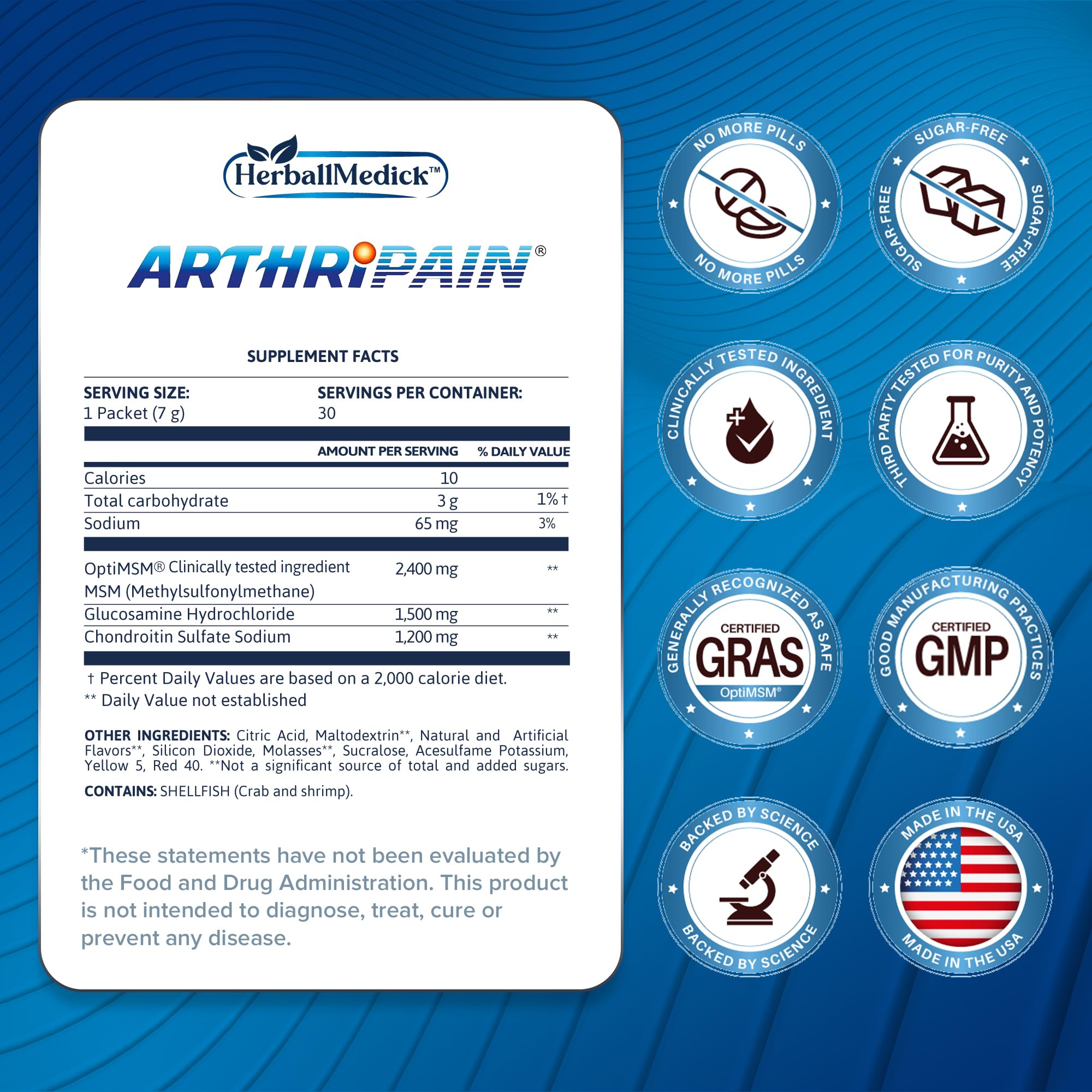 Arthripain sachets pack displaying glucosamine chondroitin MSM blend