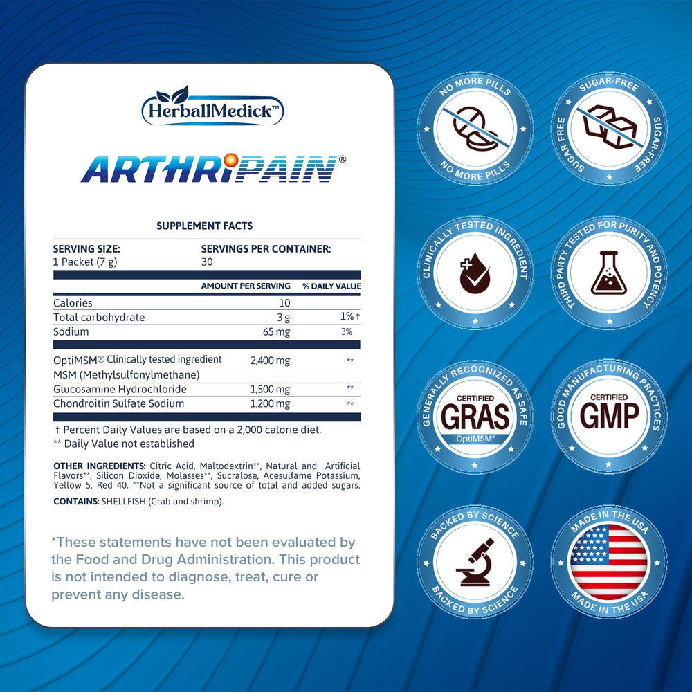 Arthripain sachets pack displaying glucosamine chondroitin MSM blend