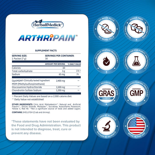 Arthripain sachets pack displaying glucosamine chondroitin MSM blend