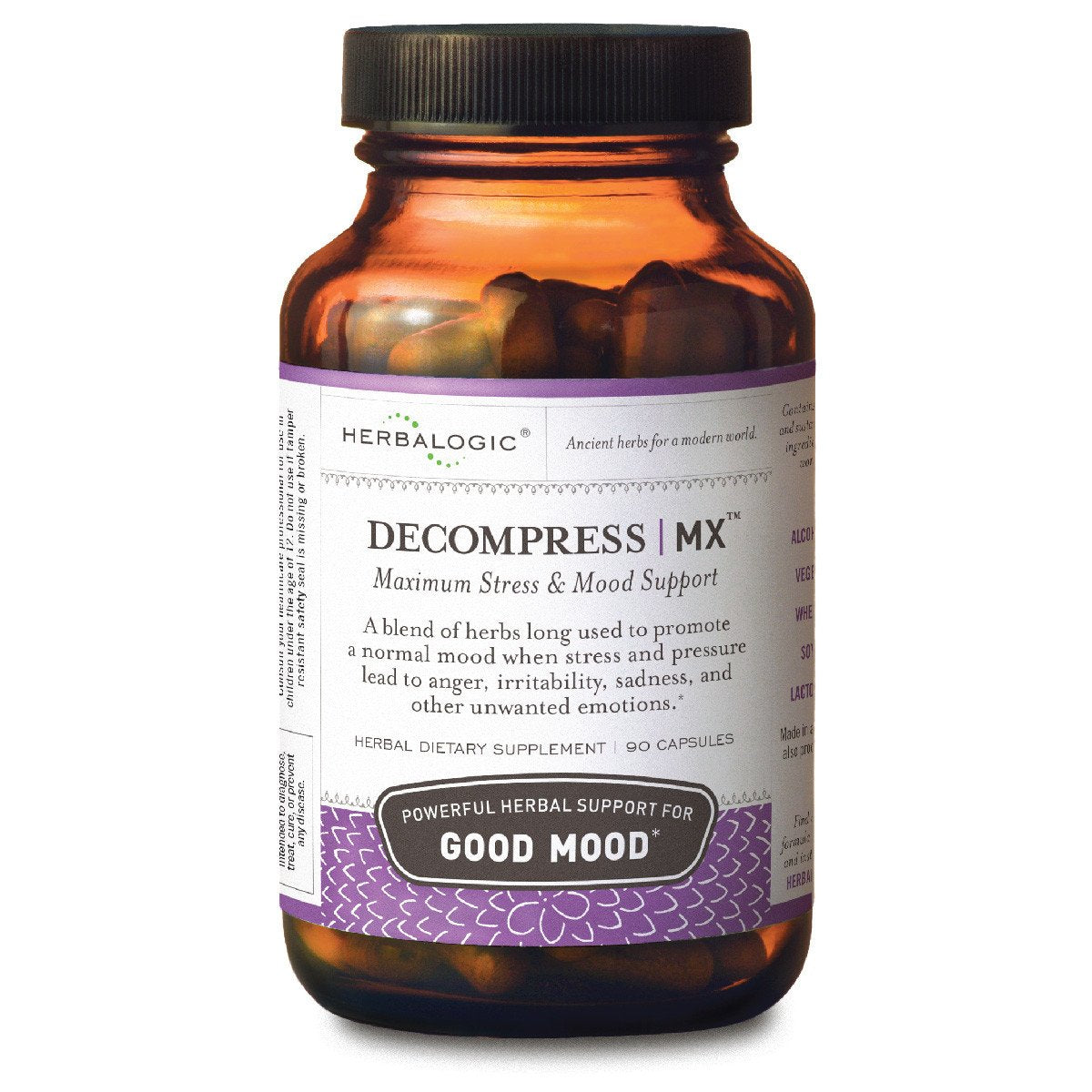 Herbalogic Decompress MX capsules bottle front suggesting calm for busy days
