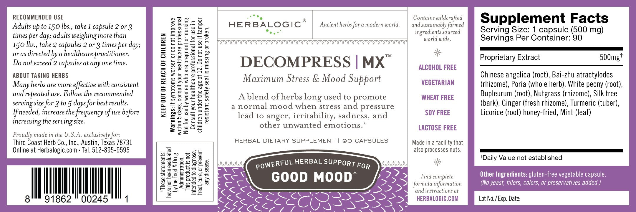 Herbalogic Decompress MX capsules closeup highlighting traditional herbal blend for mood support