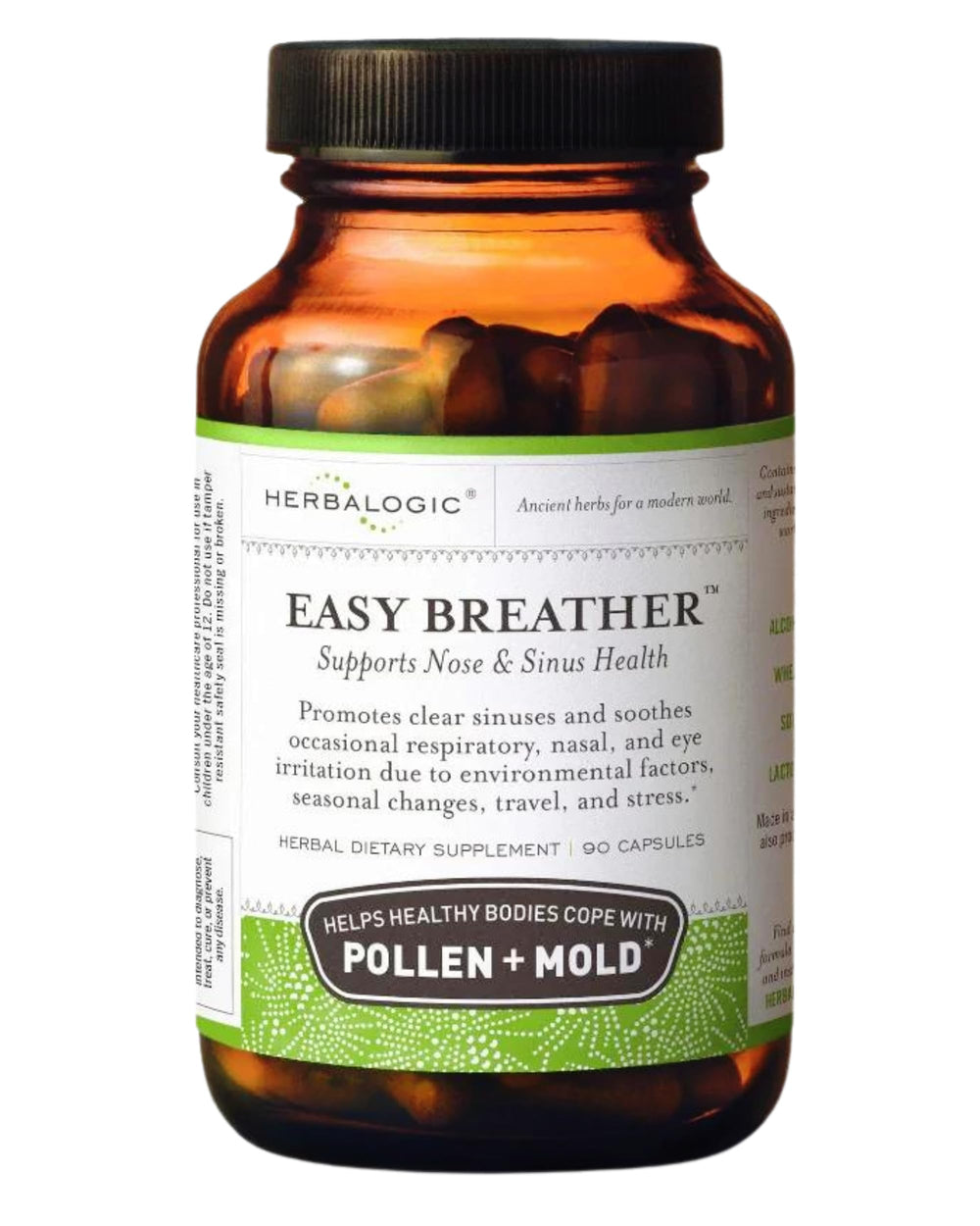 Herbalogic Easy Breather capsules in a bottle for seasonal nasal support
