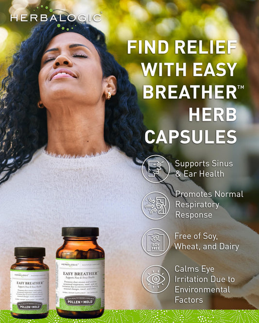 Herbalogic Easy Breather bottle shows 30 capsules for daily seasonal comfort.