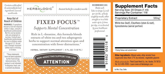 Herbalogic Fixed Focus bottle closeup highlights natural ingredients for study-ready focus.
