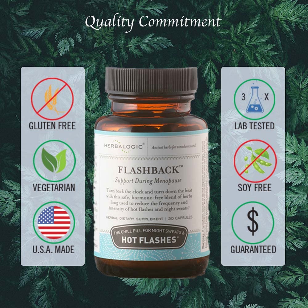 Herbalogic Flashback label highlights a 16-herb blend for women's wellness.