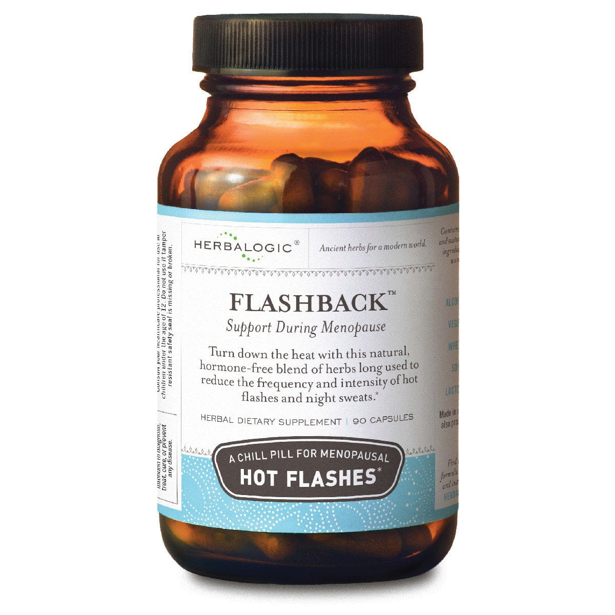 Herbalogic Flashback bottle with capsules for menopause support.