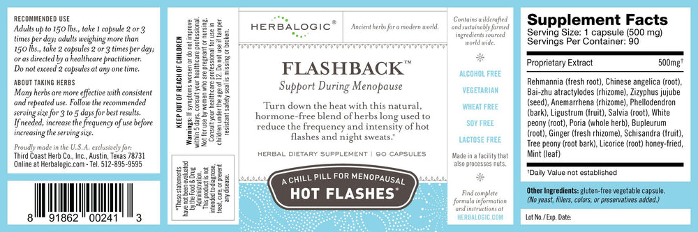 Close-up of Herbalogic Flashback capsules for daily wellness.