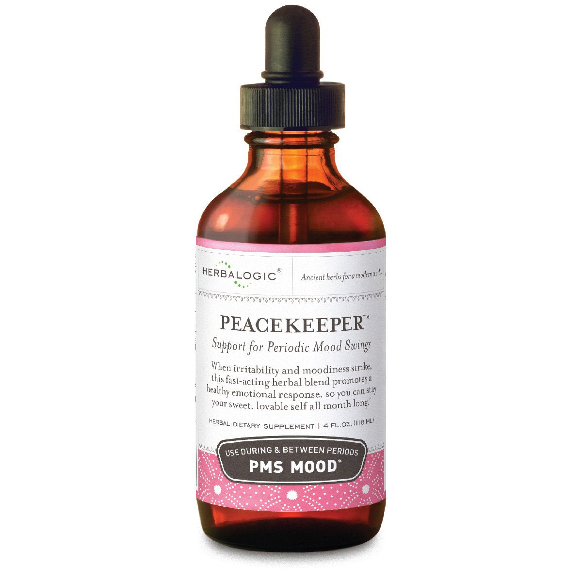 Herbalogic Peacekeeper bottle front highlighting mood support during hormone fluctuations.