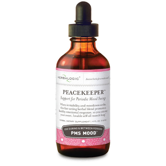 Herbalogic Peacekeeper bottle front highlighting mood support during hormone fluctuations.